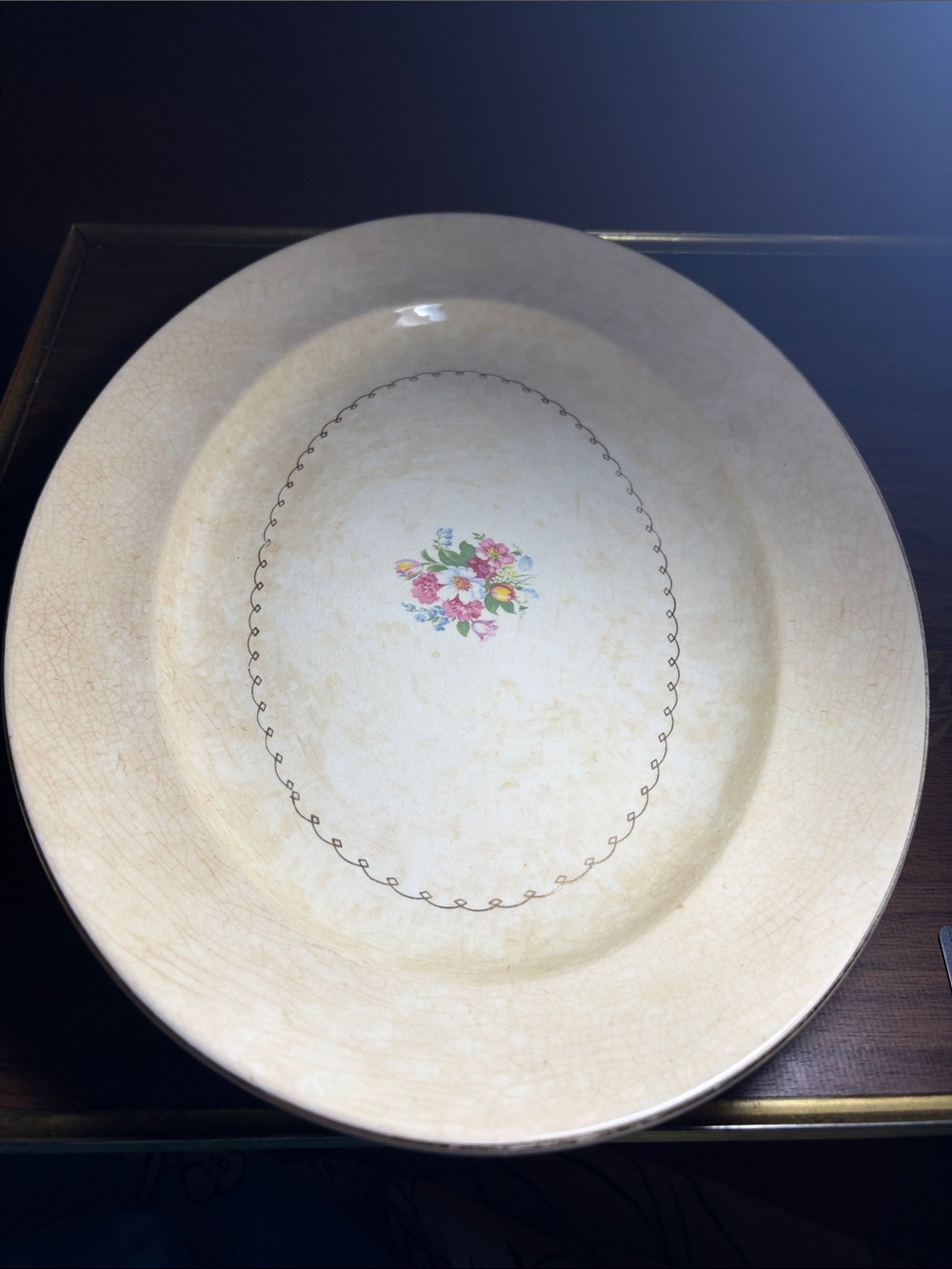 Vintage 1947 Paden City Pottery Oval Serving Platter - 13.5" Floral & Scroll